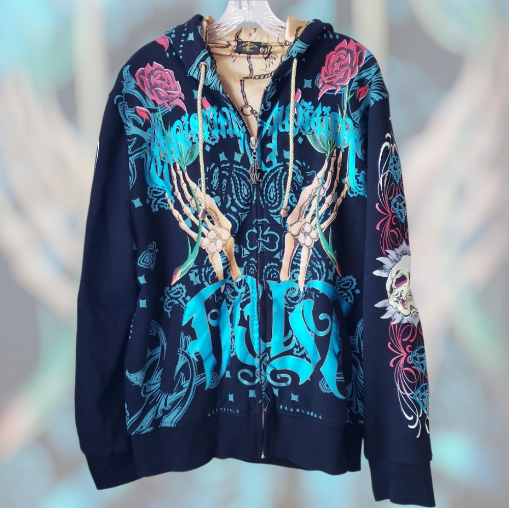 Vintage Christian Audigier Black Skull Zipper Hoodie